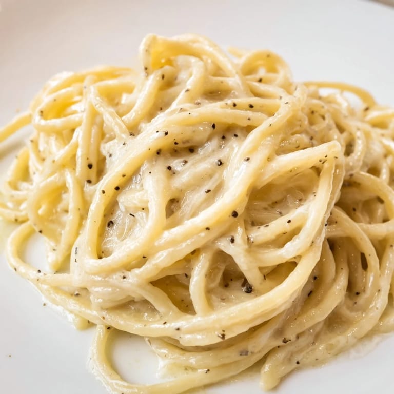 A close-up of Spaghetti Cacio e Pepe twirled on a fork, showcasing the velvety, cheesy sauce.  