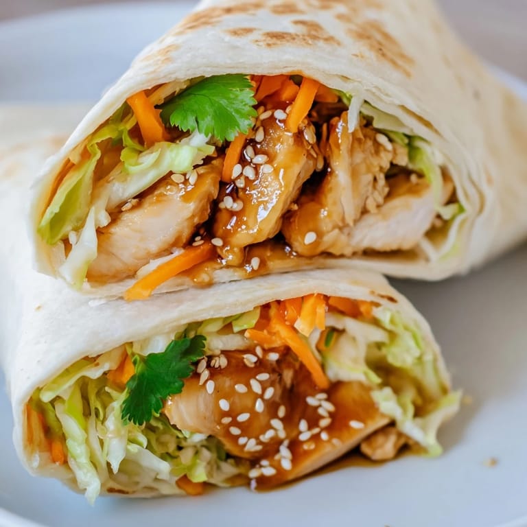 Golden teriyaki chicken wrapped in soft tortillas with crunchy vegetables, ideal for an easy weeknight dinner.