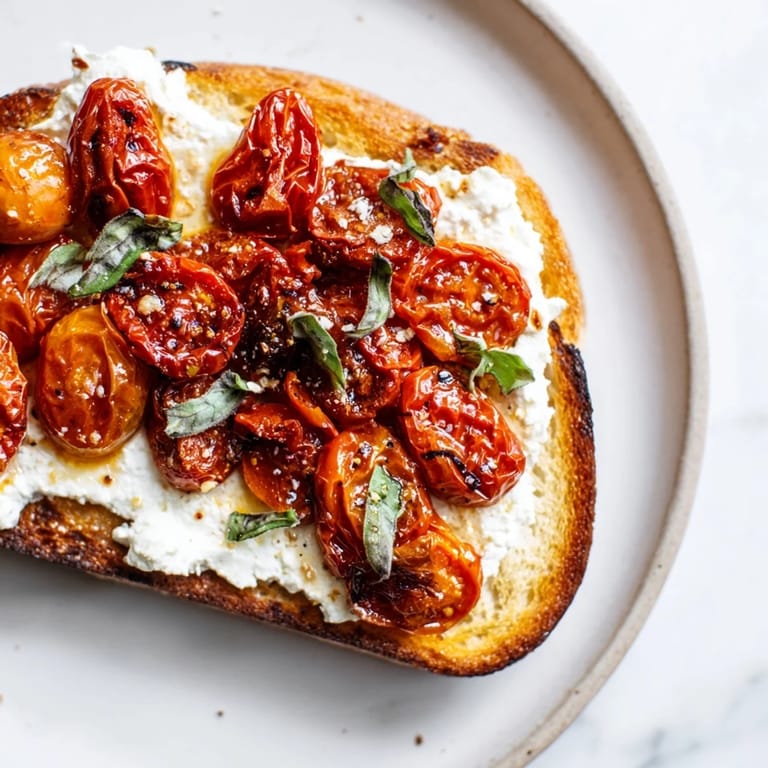 Golden toasted sourdough spread with whipped ricotta topped with warm roasted cherry tomatoes, drizzled with olive oil for a delicious brunch dish.