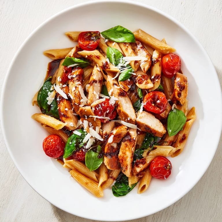 Steaming Balsamic Glazed Chicken Pasta served with Parmesan and basil, highlighting tender chicken and a rich, tangy sauce in a home kitchen setting.