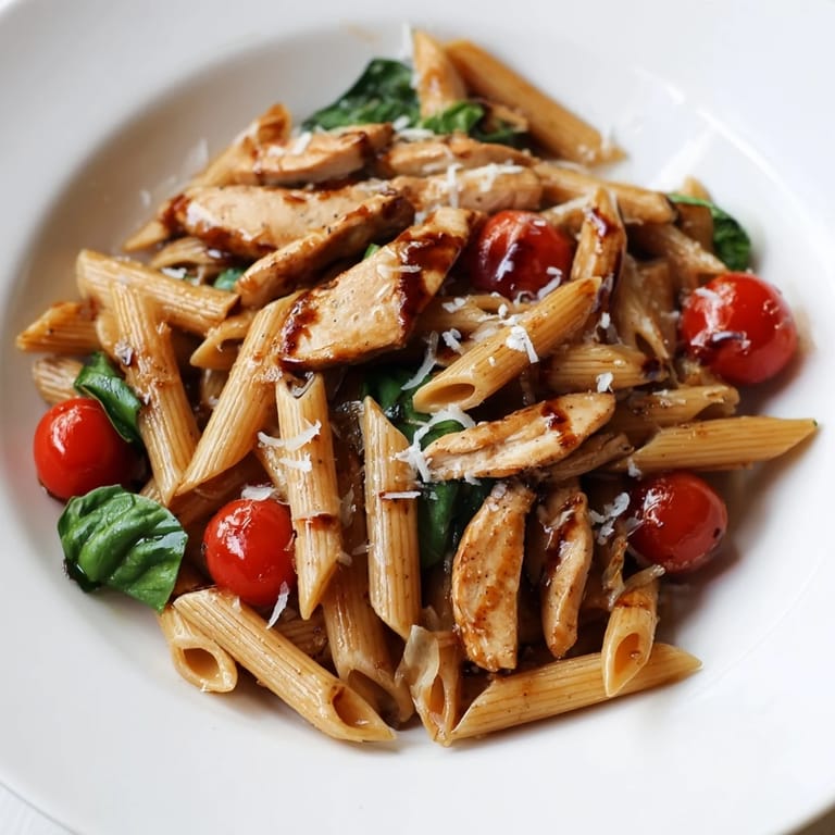 Close-up of sautéed garlic chicken and al dente pasta coated in a glossy balsamic reduction, with vibrant red tomatoes and wilted greens.