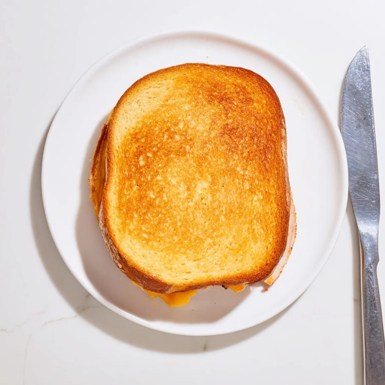 A hearty Turkey Club Grilled Cheese rests on a cutting board, sliced to reveal layers of savory turkey, crunchy bacon, and fresh veggies inside buttery sourdough.
