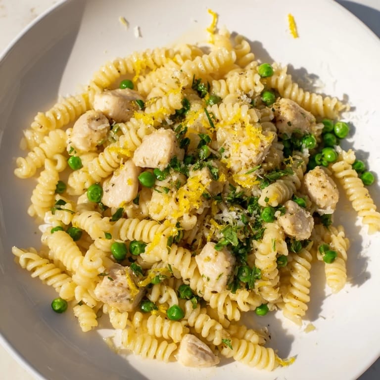 Golden, tender chicken and bright green peas toss with al dente fusilli pasta in a rich garlic butter lemon sauce.