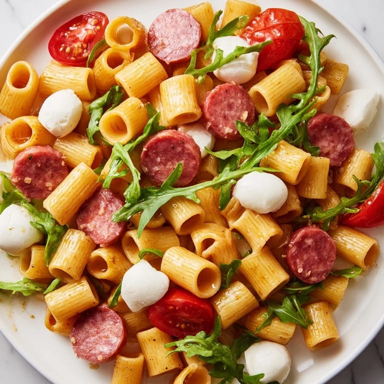 Tossing Spring Antipasto Pasta Salad with peppery arugula, salami, mozzarella, and tangy dressing in a mixing bowl.