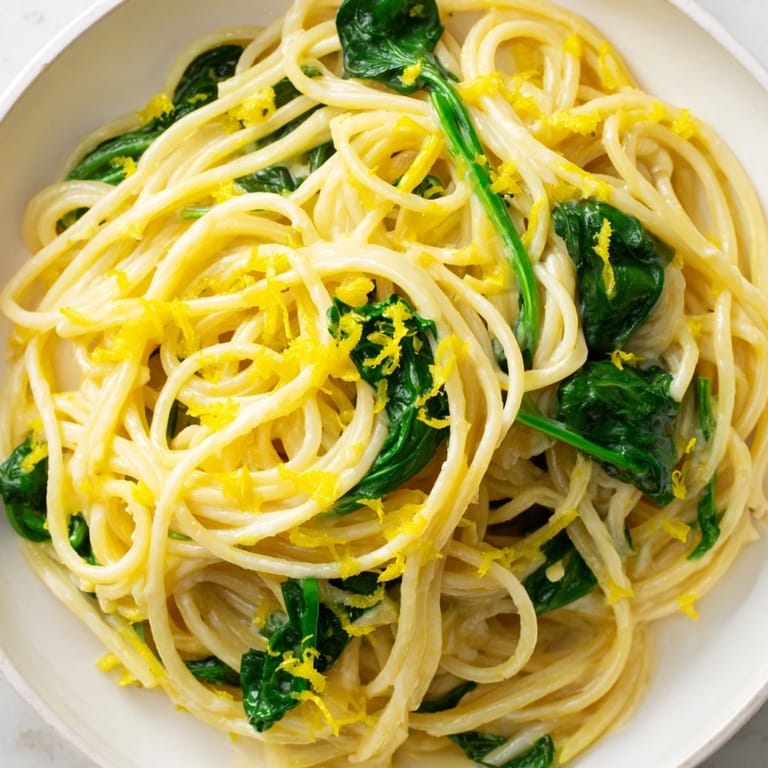A warm skillet of Creamy Lemon Spinach Spaghetti garnished with grated Parmesan, ready to be served as a comforting vegetarian dinner for four.
