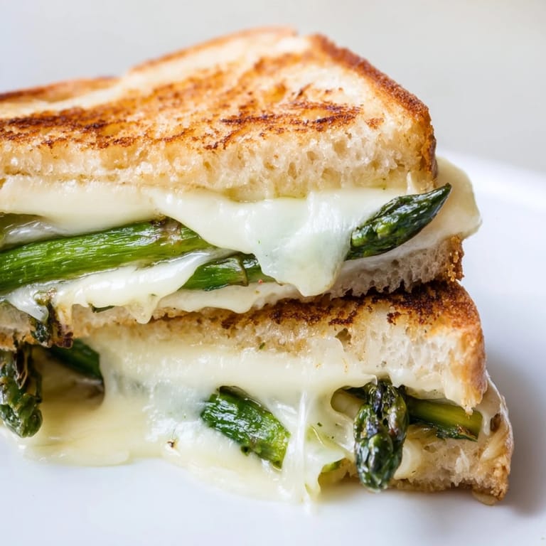 A close-up of a warm Asparagus & Brie Grilled Cheese cut in half, revealing a creamy, cheesy center.