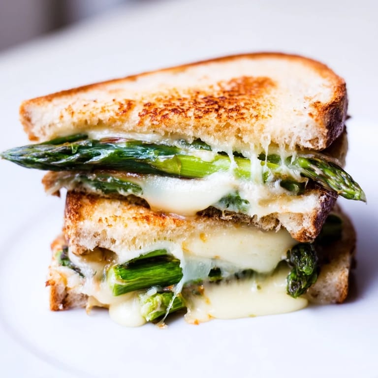 The Asparagus & Brie Grilled Cheese features gooey cheese oozing from buttery bread with fresh asparagus inside.