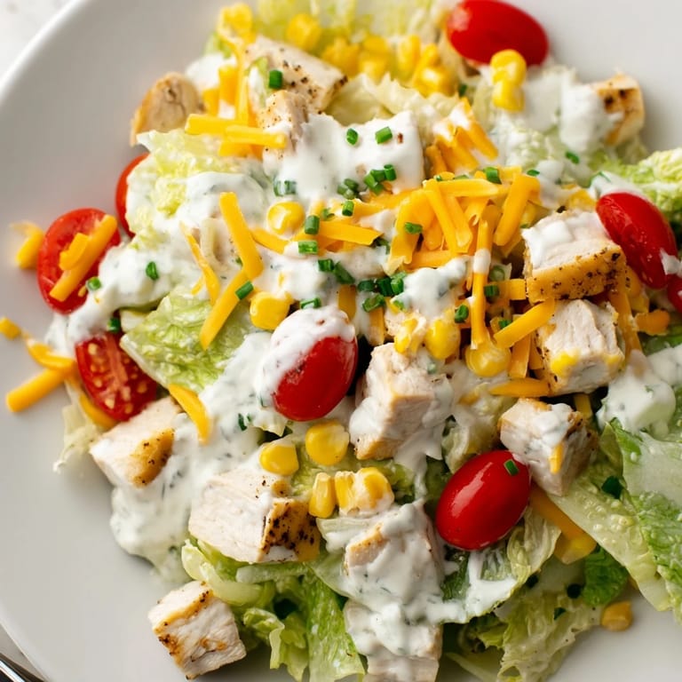 Overhead view of a vibrant Ranch Chicken Chopped Salad with cherry tomatoes, cucumber, and red onion served on a white platter for lunch.