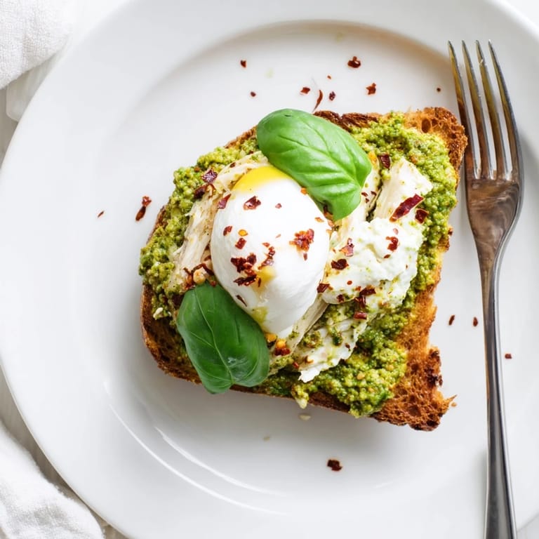 Fresh basil garnish and melted burrata crown crispy sourdough toast layered with savory pesto chicken, offering a gourmet snack ready in 25 minutes.