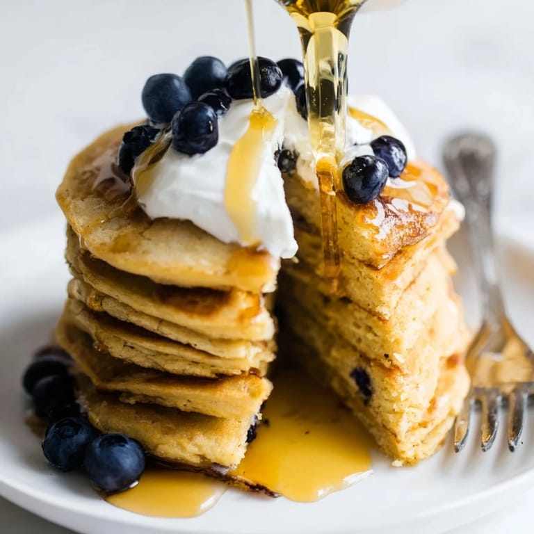 A close-up of golden-brown Protein Power Pancakes, steaming on a griddle with a spatula ready to flip.
