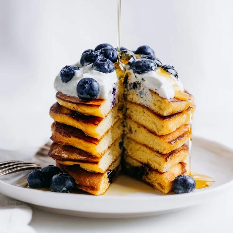 Protein Power Pancakes served warm with creamy Greek yogurt and sliced bananas, ideal for a nutritious breakfast spread.