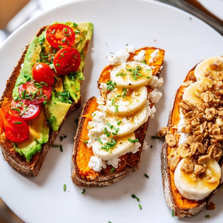 Sweet potato toast variations for breakfast, garnished with sliced banana, peanut butter, and crunchy granola.