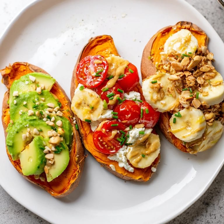 Warm sweet potato toast variations spread with hummus, crumbled feta, and a sprinkle of chili flakes.