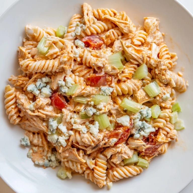Chilled rotini pasta holds a zesty blend of buffalo sauce and sour cream, topped with crumbled blue cheese for extra tang.