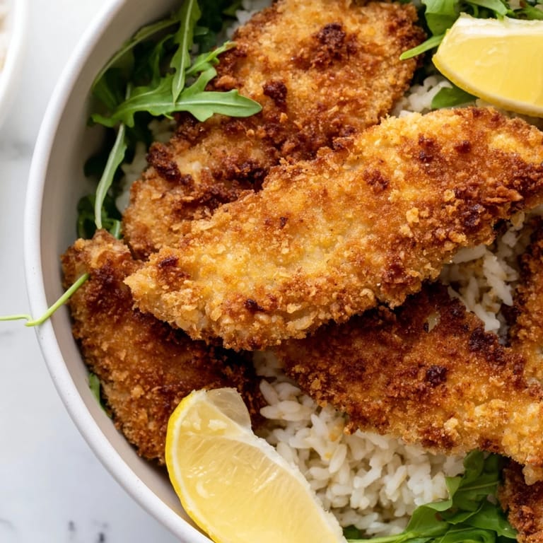 Crispy Parmesan Chicken Cutlet Bowl with juicy sliced chicken, green arugula, and a bright squeeze of lemon over rice.
