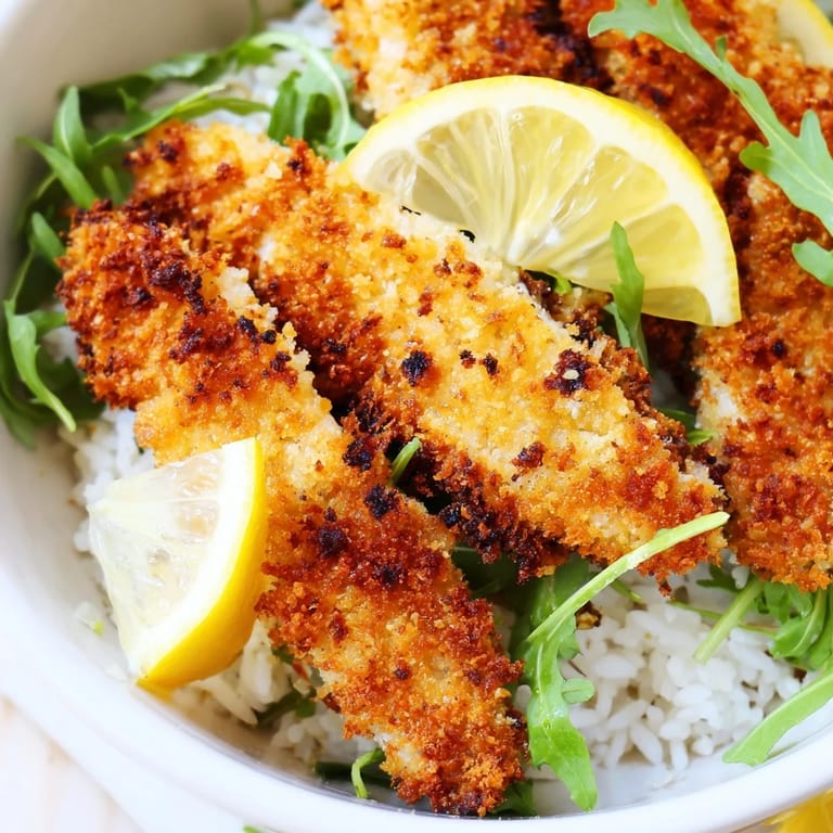 A close-up of a Crispy Parmesan Chicken Cutlet Bowl, showing crunchy breaded chicken strips layered on warm rice.
