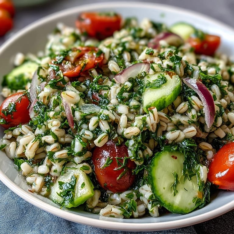A vibrant bowl of Barley and Herb Salad, featuring fresh parsley, mint, and dill with red onion, served ready for a light lunch.