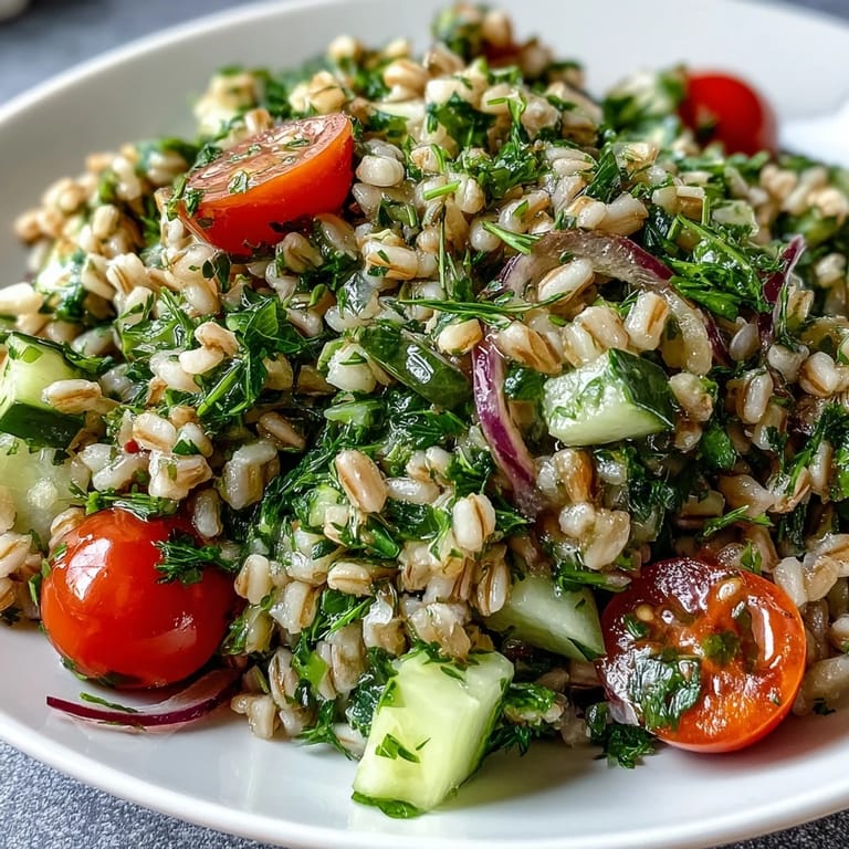 A refreshing Mediterranean-style Barley and Herb Salad with nutty grains, fresh herbs, and cherry tomatoes on a rustic plate, drizzled with lemon dressing.