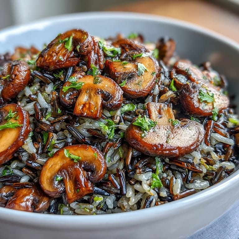 Earthly savory wild rice and mushroom pilaf with diced carrots and celery, ready to serve.