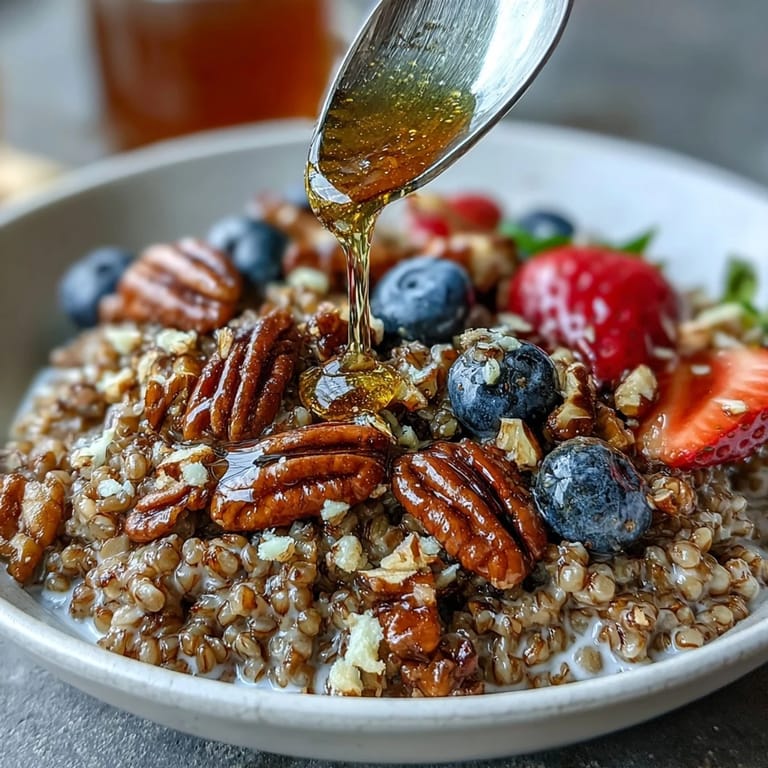 Wholesome buckwheat groats breakfast, tenderly cooked and artistically topped with colorful berries and nuts.