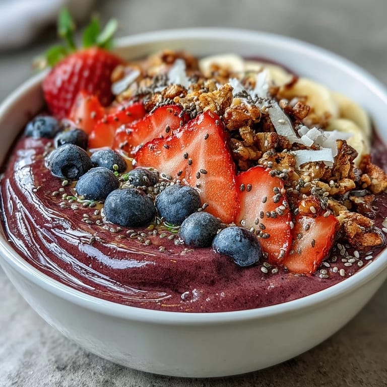 Topped with banana, granola, and seeds, this Acai Berry Smoothie Bowl is a colorful, nutritious breakfast.  