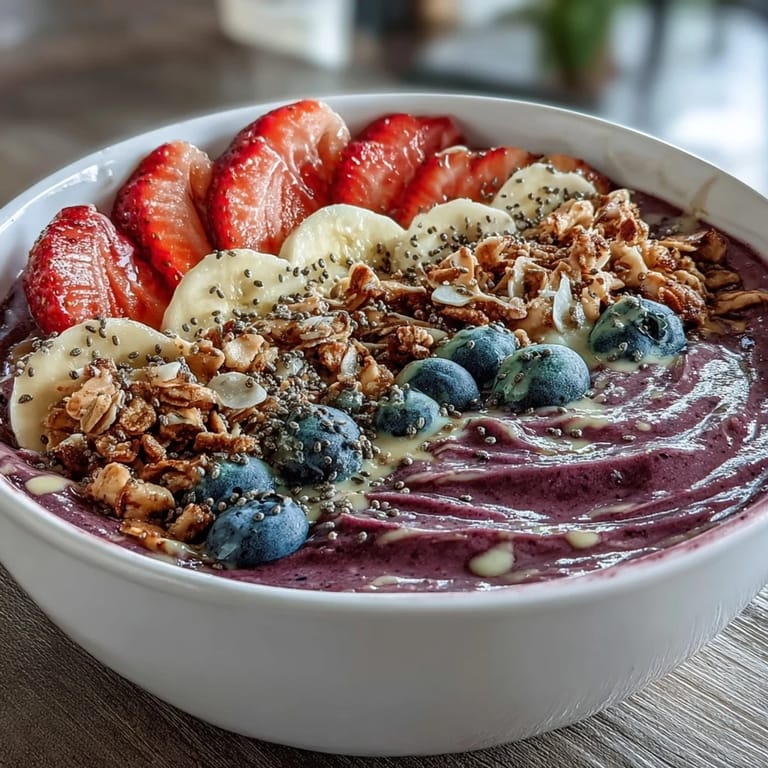 Thick and creamy Acai Berry Smoothie Bowl served in a bowl with fresh fruit, nuts, and coconut flakes.