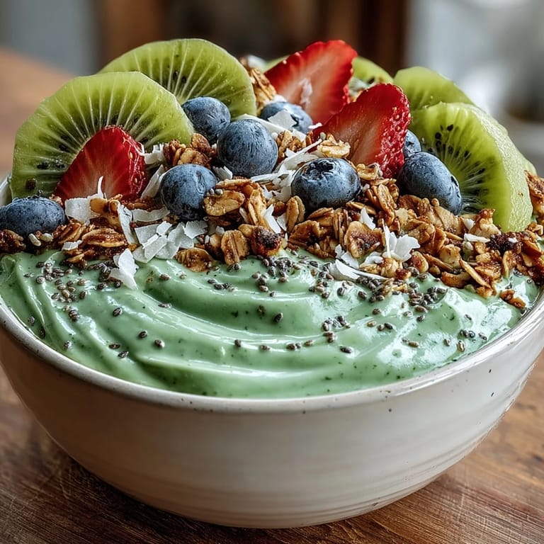 Enjoy this nutritious green smoothie bowl topped with fruit, perfect morning energy boost.