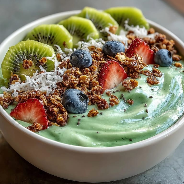 Creamy green smoothie bowl artfully arranged with a medley of fresh fruit and toppings.