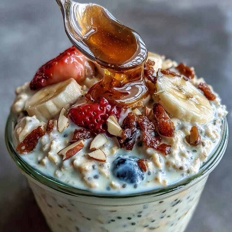 Stirred Overnight Oats With Chia Seeds in a bowl beside a spoon and honey, ready to serve for busy mornings.