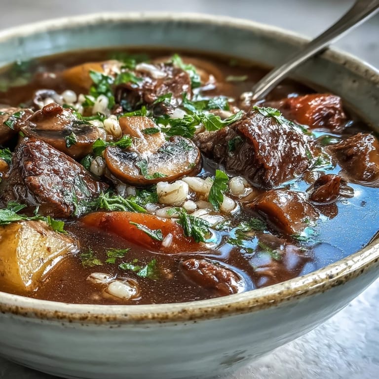 Savory Vegetable Beef, Barley, and Mushroom Soup simmering in a Dutch oven with steam rising.