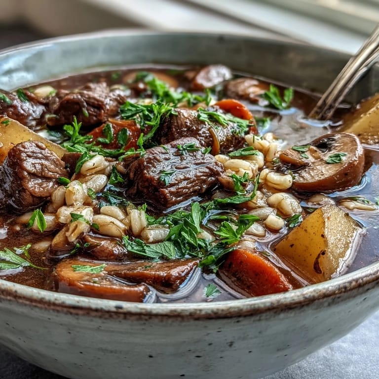 Homestyle Vegetable Beef, Barley, and Mushroom Soup served hot with fresh parsley garnish.