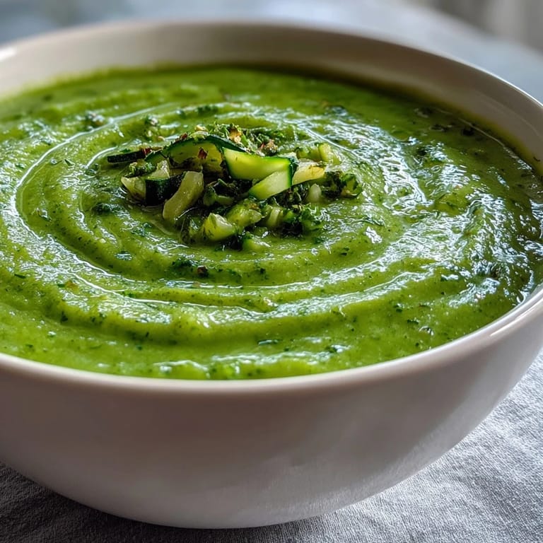 Close-up on a ladle of Courgette, Pea and Pesto Soup pouring into a white bowl, garnished with fresh basil leaves.