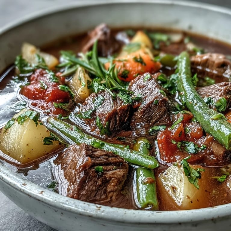 Beef and Vegetable Soup served hot in a rustic mug with fresh parsley garnish. 