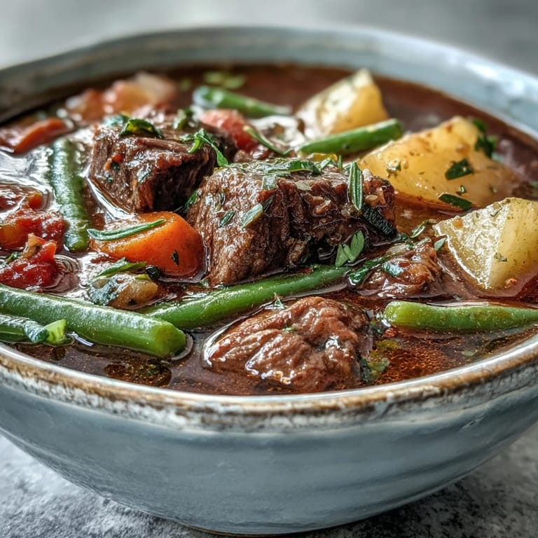 Rustic Dutch oven filled with hearty Beef and Vegetable Soup and crusty bread.