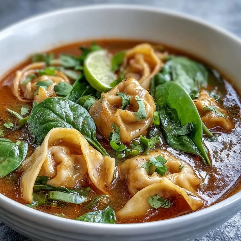 Large pot of red curry wonton soup with greens features snow peas and bok choy in a creamy coconut broth.