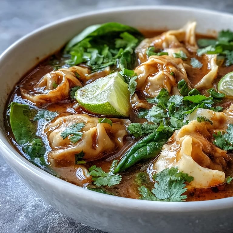 Colorful bowl of red curry wonton soup with greens topped with sliced green onions and optional chili slices.