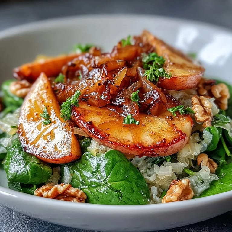 A skillet holds the Warm Apple and Sauerkraut Skillet Salad topped with fresh parsley beside a rustic loaf of bread.