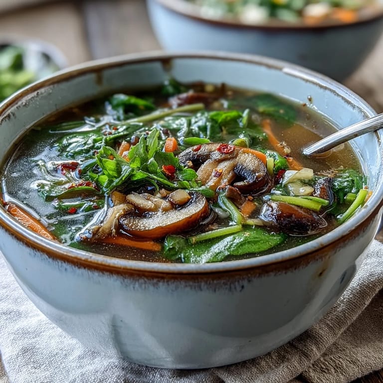 A rustic bowl of Miso Ginger Winter Soup ready to eat, garnished with chili oil and a spoon on the side.