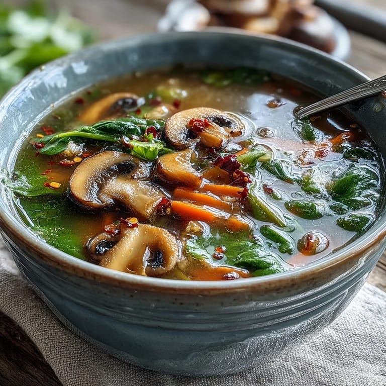 A close-up of Miso Ginger Winter Soup with vibrant julienned carrots, shiitake mushrooms, and green onions.