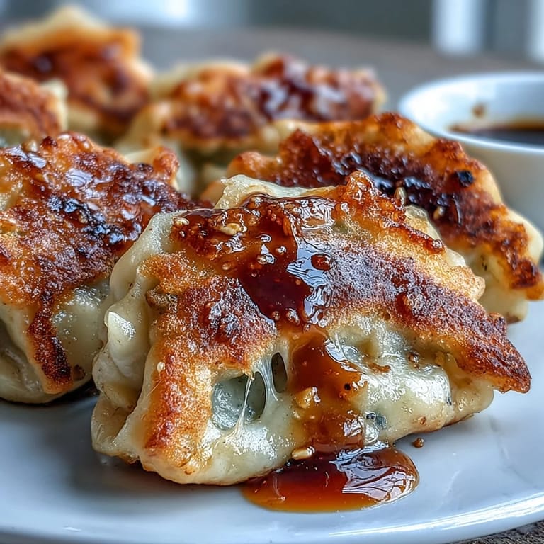 Freshly pan-fried Chīzu Imomochi with melted cheese oozing from a slit in the dumpling.