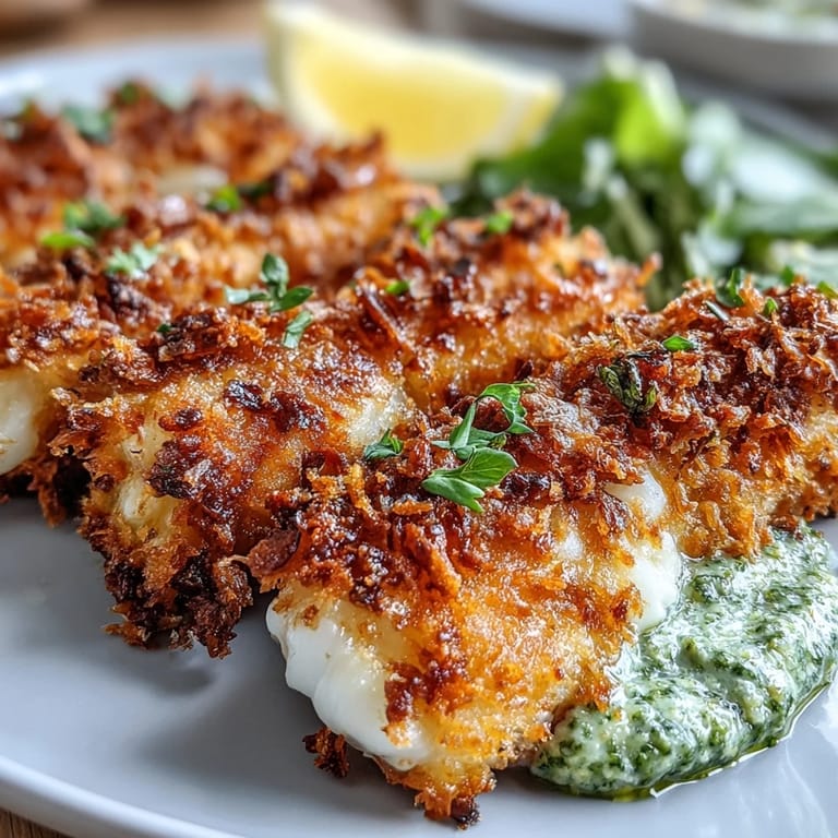 Crispy baked Haddock Goujons With Parmesan Crust are plated with a dollop of pea pesto and lemon wedges.