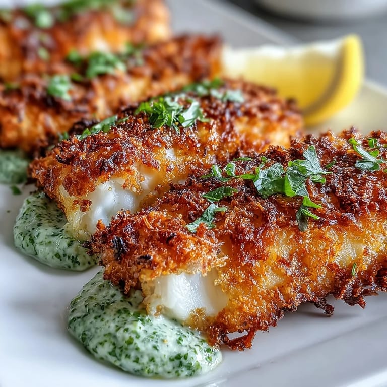 A platter of Haddock Goujons With Parmesan Crust is served with creamy pea pesto and fresh mixed salad leaves.