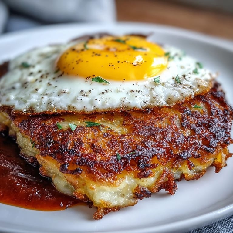 Pan-fried celeriac rösti with a fried egg and harissa yogurt, finished with fresh parsley for a savory gluten-free meal.