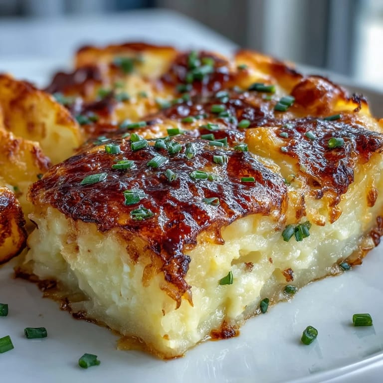Rustic Cheese and Potato pie with golden crust bubbling with melted Gruyère and cheddar, served warm with a garnish of fresh chives.