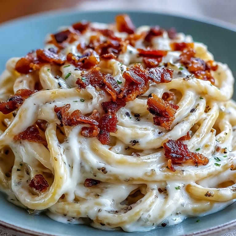 Golden Celeriac Carbonara with pancetta and parmesan, served on a rustic white plate.