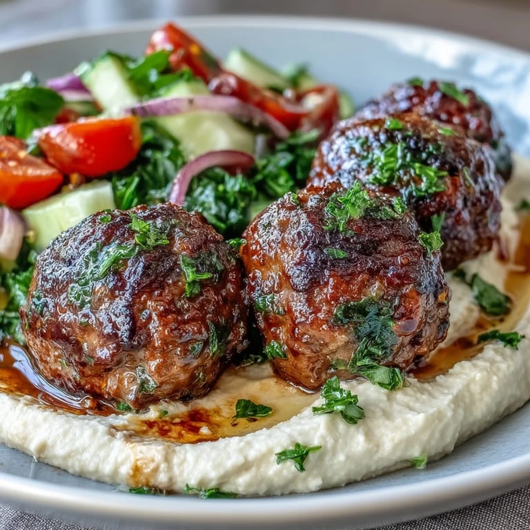 Perfectly cooked Venison Meatballs with Spiced Salad and Hummus served on a rustic ceramic plate.