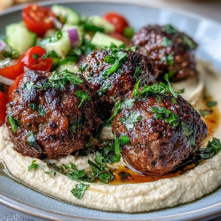 Hearty Venison Meatballs with Spiced Salad and Hummus, featuring creamy hummus and vibrant cherry tomatoes.