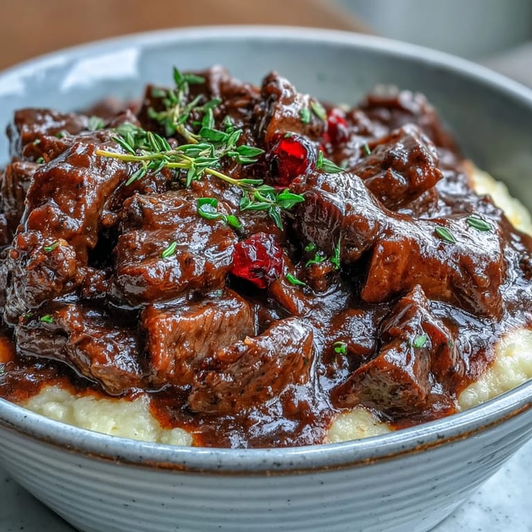 Rich venison stew with a splash of sloe gin and redcurrant jelly, ladled over soft, cheesy polenta.