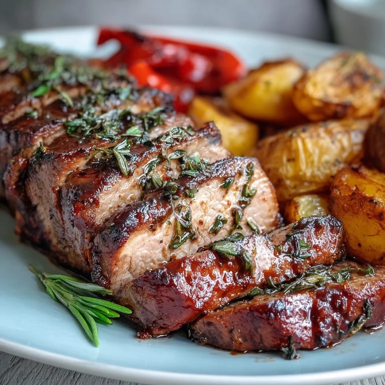 Fresh rosemary and sliced red peppers highlight Marinated Ibérico Pork Fillet With Roast Potatoes and Red Peppers.