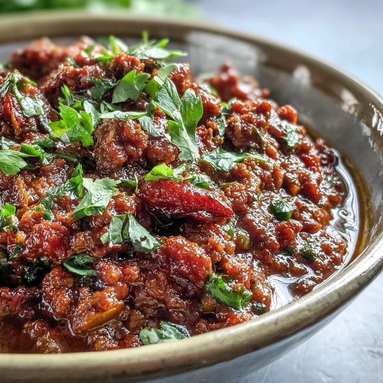Ground venison simmered in aromatic spices for this Venison Keema Curry, garnished with vibrant green cilantro.